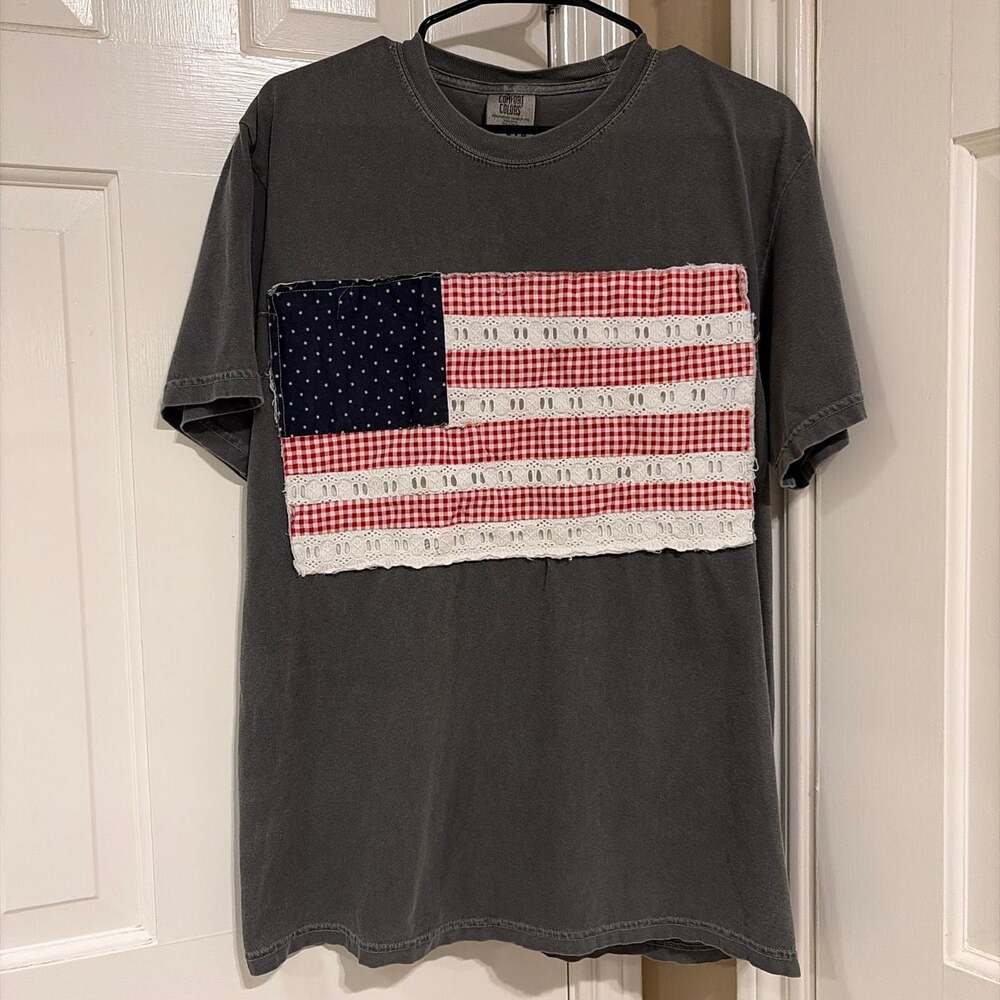 Comfort Colors Faux Patchwork American Flag Applique Graphic T-Shirt